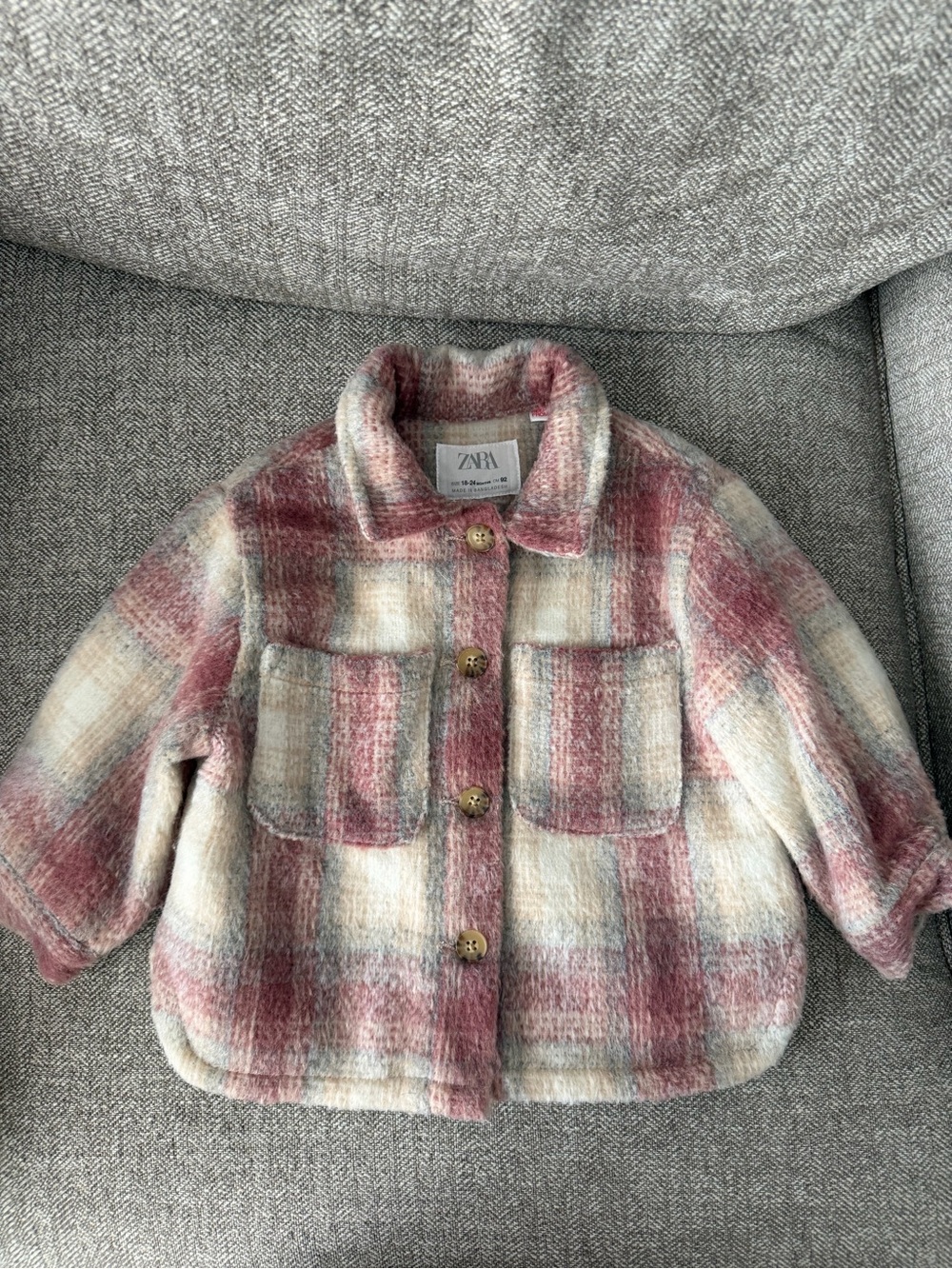 ZARA Girls Pink & Cream Plaid Pea Coat